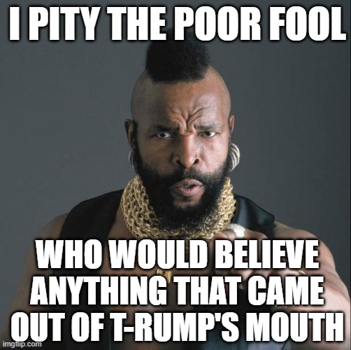 BA Baracus Pointing | I PITY THE POOR FOOL WHO WOULD BELIEVE ANYTHING THAT CAME OUT OF T-RUMP'S MOUTH | image tagged in ba baracus pointing | made w/ Imgflip meme maker