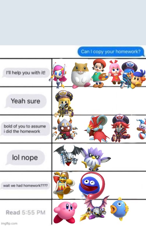 kirby characters react to "can i copy your homework?" | image tagged in reaction to can i copy your homework,kirby | made w/ Imgflip meme maker