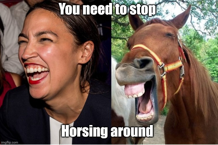 AOC horse face Alexandria Ocasio-Cortez | You need to stop Horsing around | image tagged in aoc horse face alexandria ocasio-cortez | made w/ Imgflip meme maker