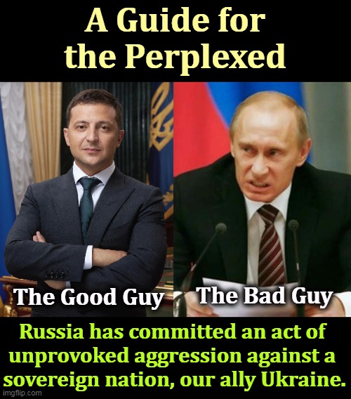 Just so there's no confusion. | A Guide for the Perplexed; The Good Guy; The Bad Guy; Russia has committed an act of 
unprovoked aggression against a 
sovereign nation, our ally Ukraine. | image tagged in vladimir zelensky president of our ally ukraine,putin in a moment of relaxation,ukraine,friend,russa,enemy | made w/ Imgflip meme maker