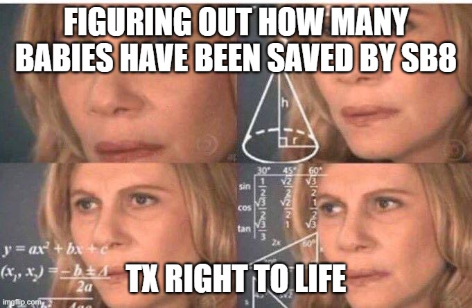 Texas Right to Life | FIGURING OUT HOW MANY BABIES HAVE BEEN SAVED BY SB8; TX RIGHT TO LIFE | image tagged in math lady/confused lady | made w/ Imgflip meme maker
