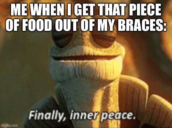 Insert clever title here | ME WHEN I GET THAT PIECE OF FOOD OUT OF MY BRACES: | image tagged in finally inner peace,braces,memes,oh wow are you actually reading these tags | made w/ Imgflip meme maker