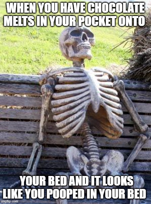 Waiting Skeleton | WHEN YOU HAVE CHOCOLATE MELTS IN YOUR POCKET ONTO; YOUR BED AND IT LOOKS LIKE YOU POOPED IN YOUR BED | image tagged in memes,waiting skeleton | made w/ Imgflip meme maker