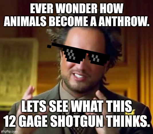 Furry be gone | EVER WONDER HOW ANIMALS BECOME A ANTHROW. LETS SEE WHAT THIS 12 GAGE SHOTGUN THINKS. | image tagged in memes,ancient aliens | made w/ Imgflip meme maker