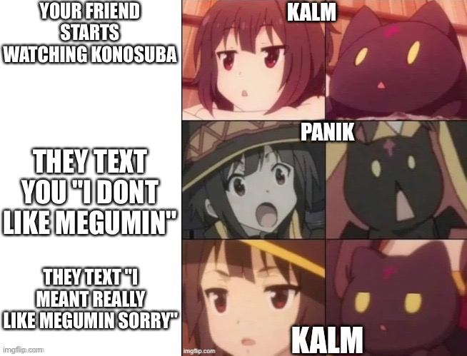 kalm panik kalm but its megumin | YOUR FRIEND STARTS WATCHING KONOSUBA THEY TEXT YOU "I DONT LIKE MEGUMIN" THEY TEXT "I MEANT REALLY LIKE MEGUMIN SORRY" | image tagged in kalm panik kalm but its megumin | made w/ Imgflip meme maker