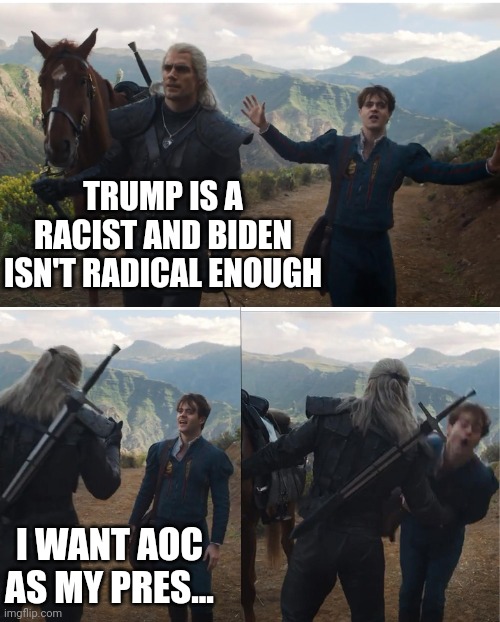 Say what? There's actually people out there that think this way. | TRUMP IS A RACIST AND BIDEN ISN'T RADICAL ENOUGH; I WANT AOC AS MY PRES... | image tagged in witcher | made w/ Imgflip meme maker