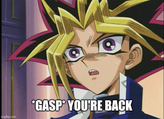 Yami Yugi (freak out) | *GASP* YOU'RE BACK | image tagged in yami yugi freak out | made w/ Imgflip meme maker