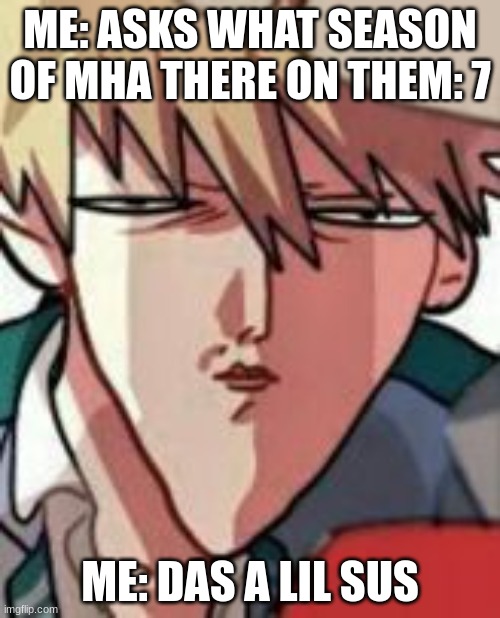 Bakugo WTF | ME: ASKS WHAT SEASON OF MHA THERE ON THEM: 7; ME: DAS A LIL SUS | image tagged in bakugo wtf | made w/ Imgflip meme maker