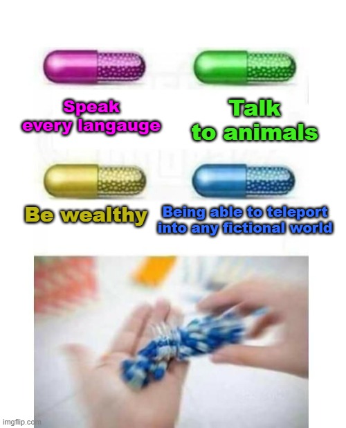 E | Speak every langauge; Talk to animals; Be wealthy; Being able to teleport into any fictional world | image tagged in blank pills meme | made w/ Imgflip meme maker