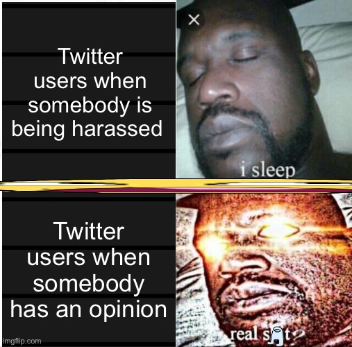 Twitter be like | Twitter users when somebody is being harassed; Twitter users when somebody has an opinion | image tagged in memes,sleeping shaq,twitter,funny,gifs,cats | made w/ Imgflip meme maker