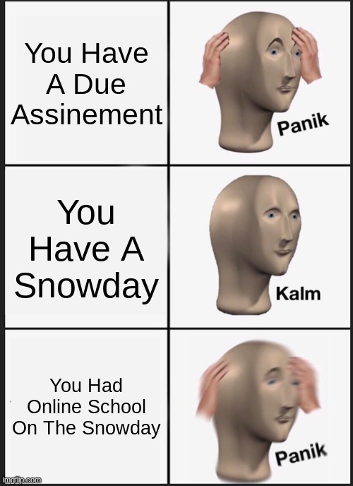 Literally Just Happend To Me | You Have A Due Assinement; You Have A Snowday; You Had Online School On The Snowday | image tagged in memes,panik kalm panik | made w/ Imgflip meme maker