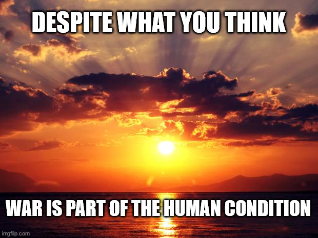 Sunset | DESPITE WHAT YOU THINK; WAR IS PART OF THE HUMAN CONDITION | image tagged in sunset | made w/ Imgflip meme maker