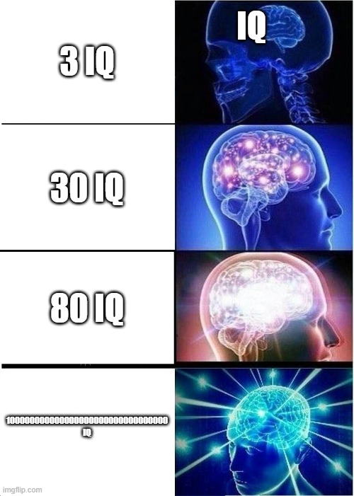 Expanding Brain | 3 IQ; IQ; 30 IQ; 80 IQ; 100000000000000000000000000000000 IQ | image tagged in memes,expanding brain | made w/ Imgflip meme maker