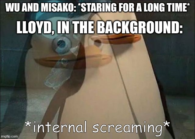*awkward silence* | LLOYD, IN THE BACKGROUND:; WU AND MISAKO: *STARING FOR A LONG TIME* | image tagged in private internal screaming | made w/ Imgflip meme maker