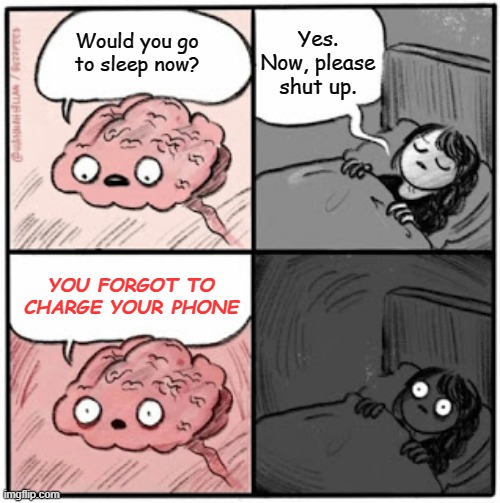 It isn't a peacful sleep without a phone charge | Yes. Now, please shut up. Would you go to sleep now? YOU FORGOT TO CHARGE YOUR PHONE | image tagged in brain before sleep,relateable | made w/ Imgflip meme maker