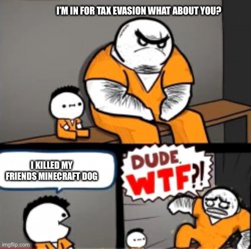 What are you in here for | I’M IN FOR TAX EVASION WHAT ABOUT YOU? I KILLED MY FRIENDS MINECRAFT DOG | image tagged in what are you in here for | made w/ Imgflip meme maker