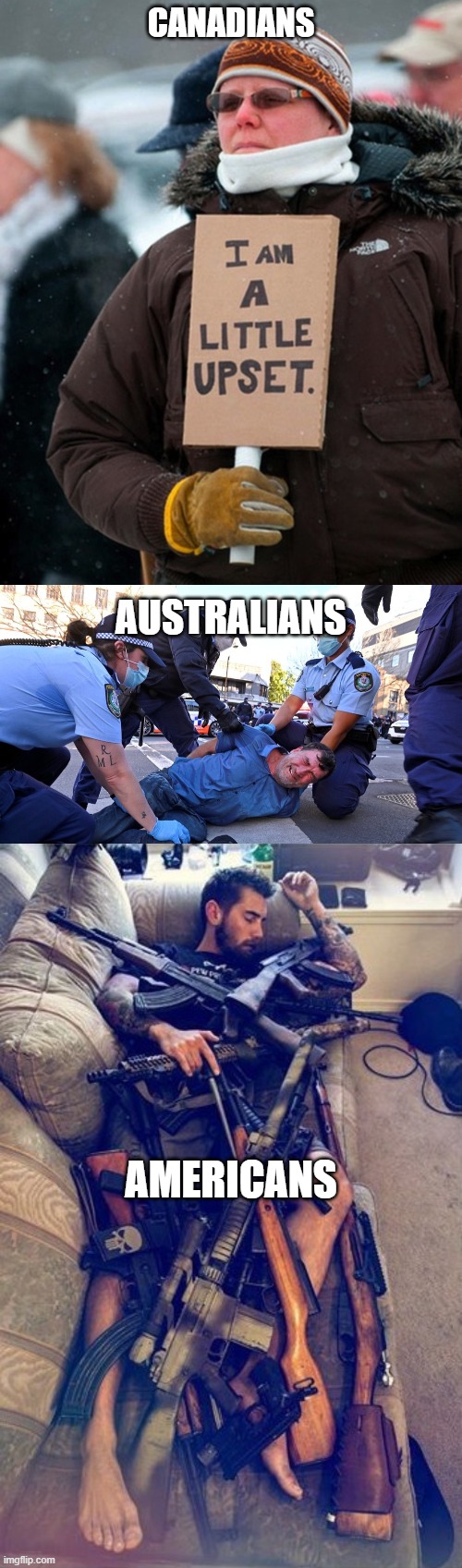 Let the god times roll. | CANADIANS; AUSTRALIANS; AMERICANS | image tagged in canadian protest,australian prison colony police state,gun control,'murica,politics,tyranny | made w/ Imgflip meme maker