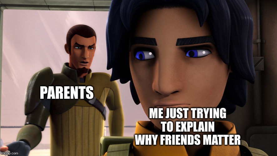 Then, I started believing them. Any people that can relate? | ME JUST TRYING TO EXPLAIN WHY FRIENDS MATTER; PARENTS | image tagged in kanan lecturing ezra,star wars,rebels,star wars rebels | made w/ Imgflip meme maker