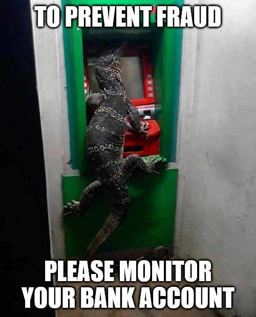 Card skimmers hate this one weird trick | TO PREVENT FRAUD; PLEASE MONITOR YOUR BANK ACCOUNT | image tagged in atm,lizard | made w/ Imgflip meme maker