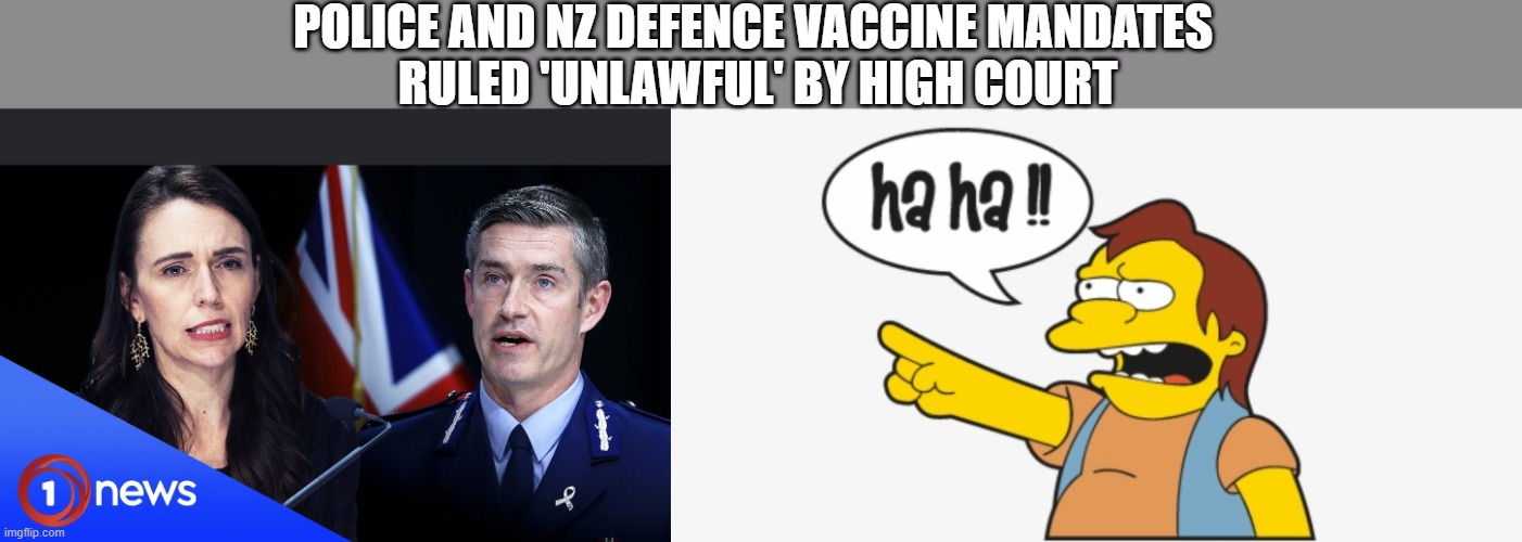 Vaccine Mandates Ruled Illegal | POLICE AND NZ DEFENCE VACCINE MANDATES 
RULED 'UNLAWFUL' BY HIGH COURT | image tagged in vaccine mandate,nelson,ha ha | made w/ Imgflip meme maker
