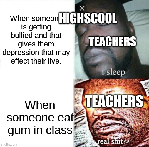 True or not? |  HIGHSCOOL; When someone is getting bullied and that gives them depression that may effect their live. TEACHERS; TEACHERS; When someone eat gum in class | image tagged in memes,sleeping shaq | made w/ Imgflip meme maker