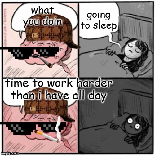 When you try to go to sleep | going to sleep; what you doin; time to work harder than i have all day | image tagged in brain before sleep | made w/ Imgflip meme maker