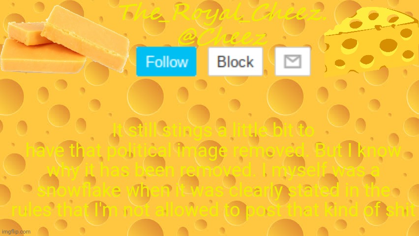 TheRoyalCheez Cheese temp | It still stings a little bit to have that political image removed. But I know why it has been removed. I myself was a snowflake when it was clearly stated in the rules that I'm not allowed to post that kind of shit | image tagged in theroyalcheez cheese temp | made w/ Imgflip meme maker