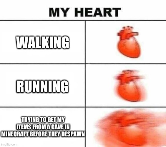 My heart blank | WALKING; RUNNING; TRYING TO GET MY ITEMS FROM A CAVE IN MINECRAFT BEFORE THEY DESPAWN | image tagged in my heart blank | made w/ Imgflip meme maker