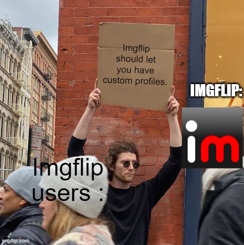 Imgflip, must read this. | Imgflip should let you have custom profiles. IMGFLIP:; Imgflip users : | image tagged in memes,guy holding cardboard sign | made w/ Imgflip meme maker