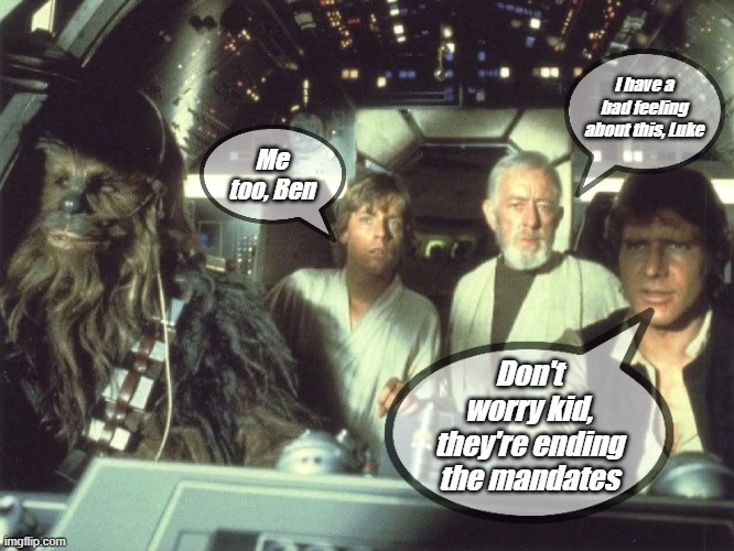 Death Star straight ahead | I have a bad feeling about this, Luke; Me too, Ben; Don't worry kid, they're ending the mandates | image tagged in millennium falcon cockpit,compulsory testing | made w/ Imgflip meme maker