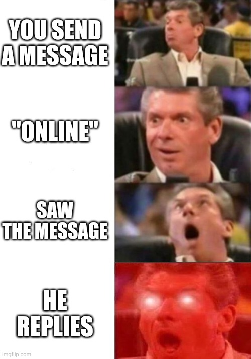 When a man saw your message | YOU SEND A MESSAGE; "ONLINE"; SAW THE MESSAGE; HE REPLIES | image tagged in mr mcmahon reaction | made w/ Imgflip meme maker