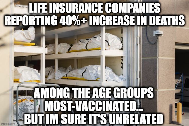 Vaxx is doing its job | LIFE INSURANCE COMPANIES REPORTING 40%+ INCREASE IN DEATHS; AMONG THE AGE GROUPS MOST-VACCINATED... BUT IM SURE IT'S UNRELATED | image tagged in texas covid body bags morgue deaths antivax,vaccine,vaccines,covid | made w/ Imgflip meme maker