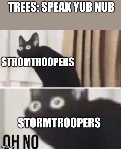 Oh no cat | TREES: SPEAK YUB NUB; STROMTROOPERS; STORMTROOPERS | image tagged in oh no cat | made w/ Imgflip meme maker