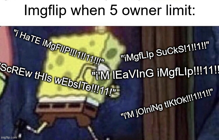 We get it, you hate it but due to a hacking incident they had to put the limit to 5 to prevent owner abuse. | Imgflip when 5 owner limit:; "i HaTE iMgFlIP!!!1!!11!!!"; "iMgfLIp SuCkS!1!!1!!"; "i'M lEaVInG iMgfLIp!!!11!!!!"; "ScREw tHIs wEbsITe!!!11!"; "i'M jOIniNg tIKtOk!!!1!!1!!" | image tagged in spongebob running | made w/ Imgflip meme maker