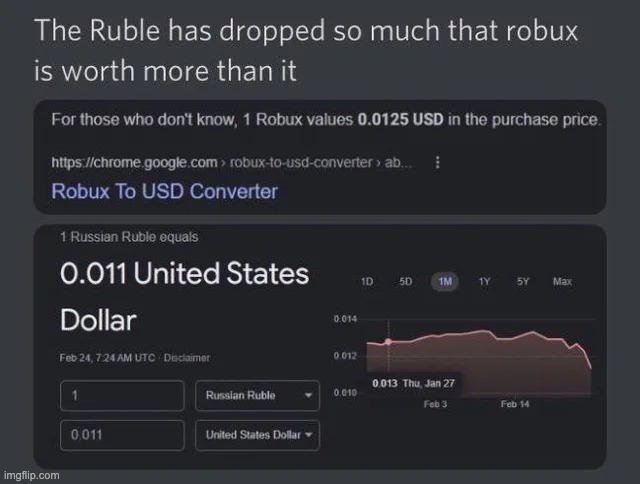 Russian currency is now worth less then Robox... | image tagged in memes,unfunny | made w/ Imgflip meme maker