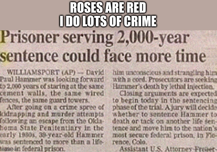 ROSES ARE RED
I DO LOTS OF CRIME | image tagged in ha | made w/ Imgflip meme maker