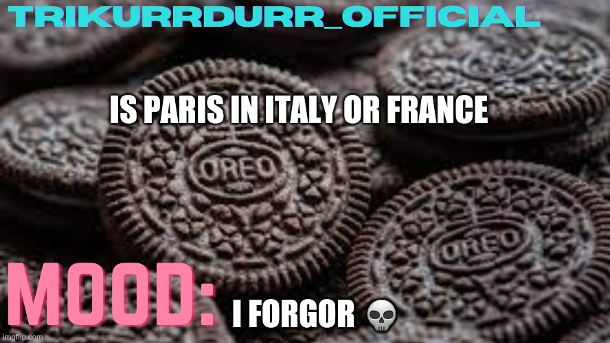 TriKurrDurr_Officials Temp | IS PARIS IN ITALY OR FRANCE; I FORGOR 💀 | image tagged in trikurrdurr_officials temp | made w/ Imgflip meme maker
