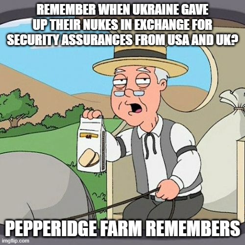 Pepperidge Farm Remembers |  REMEMBER WHEN UKRAINE GAVE UP THEIR NUKES IN EXCHANGE FOR SECURITY ASSURANCES FROM USA AND UK? PEPPERIDGE FARM REMEMBERS | image tagged in memes,pepperidge farm remembers,AdviceAnimals | made w/ Imgflip meme maker