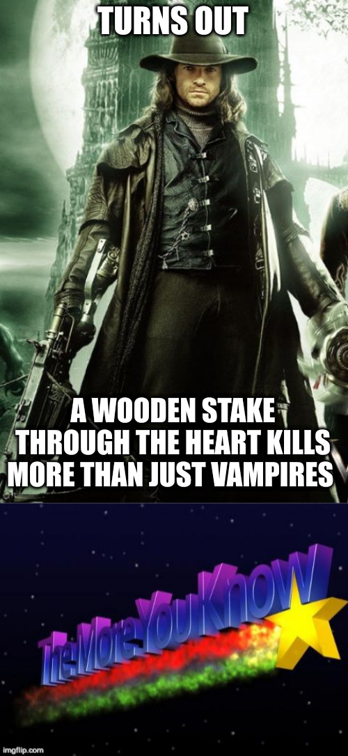 Oops, my bad | TURNS OUT; A WOODEN STAKE THROUGH THE HEART KILLS MORE THAN JUST VAMPIRES | image tagged in van helsing,the more you know | made w/ Imgflip meme maker