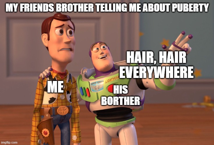 X, X Everywhere | MY FRIENDS BROTHER TELLING ME ABOUT PUBERTY; HAIR, HAIR EVERYWHERE; ME; HIS BORTHER | image tagged in memes,x x everywhere | made w/ Imgflip meme maker