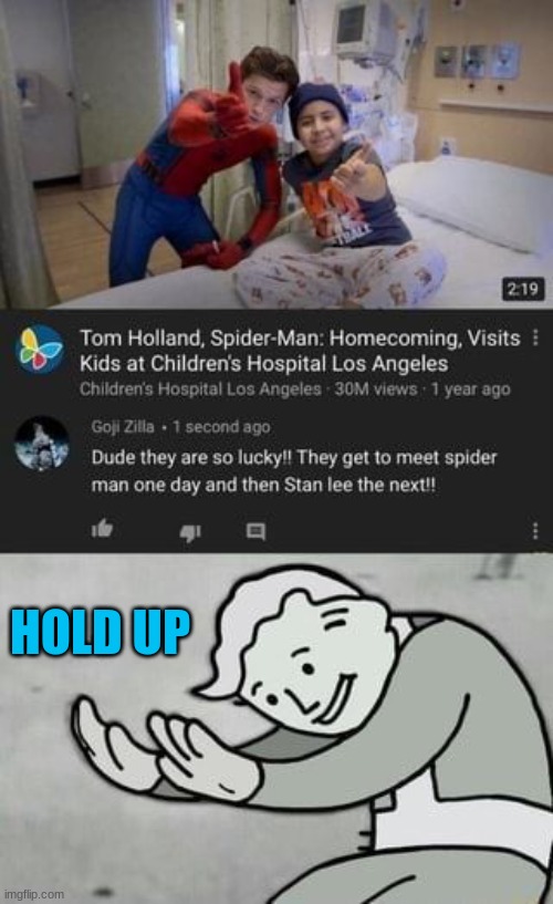 Hold Up | HOLD UP | image tagged in fallout hold up,stan lee | made w/ Imgflip meme maker
