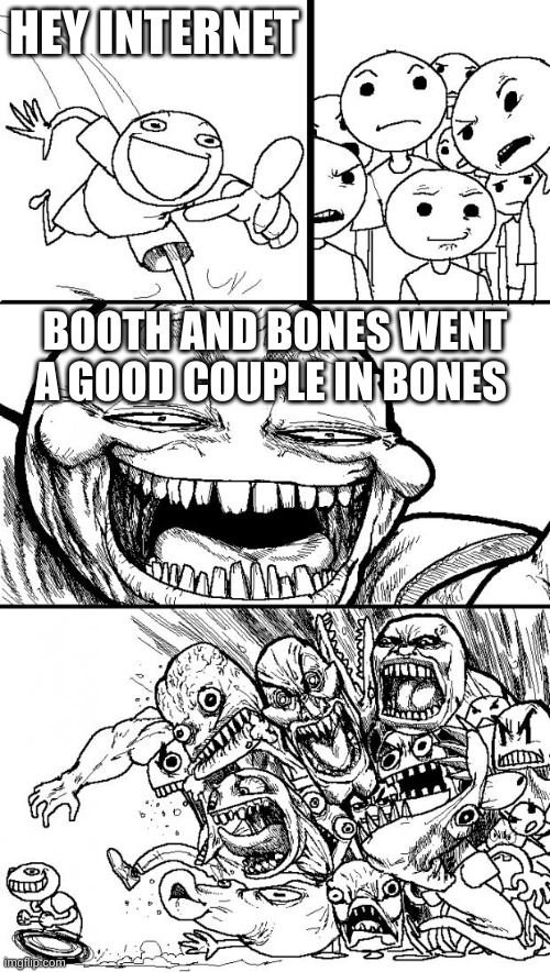 Every  Bones and Booth fan coming to defend the rights of them | HEY INTERNET; BOOTH AND BONES WENT A GOOD COUPLE IN BONES | image tagged in memes,hey internet | made w/ Imgflip meme maker