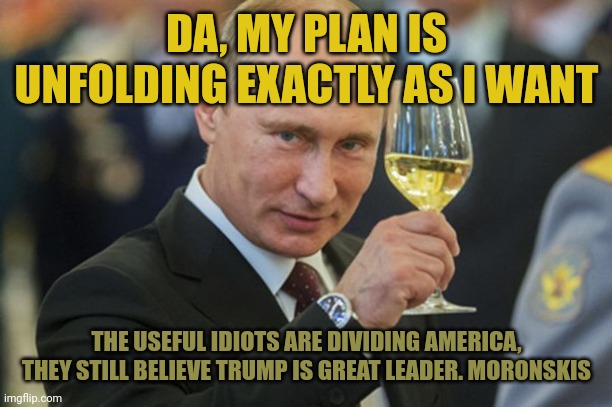 Putin couldn't be happier with how Democrats divide & shift blame onto someone not even in power, rather than accept facts. | DA, MY PLAN IS UNFOLDING EXACTLY AS I WANT; THE USEFUL IDIOTS ARE DIVIDING AMERICA, THEY STILL BELIEVE TRUMP IS GREAT LEADER. MORONSKIS | image tagged in putin cheers,useful idiots,delusional | made w/ Imgflip meme maker