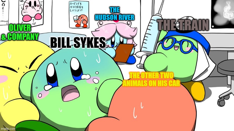 Sykes Demise (Natsuring0 Memed) | THE HUDSON RIVER; OLIVER & COMPANY; THE TRAIN; BILL SYKES; THE OTHER TWO ANIMALS ON HIS CAR | image tagged in disney,kirby,oliver and company | made w/ Imgflip meme maker