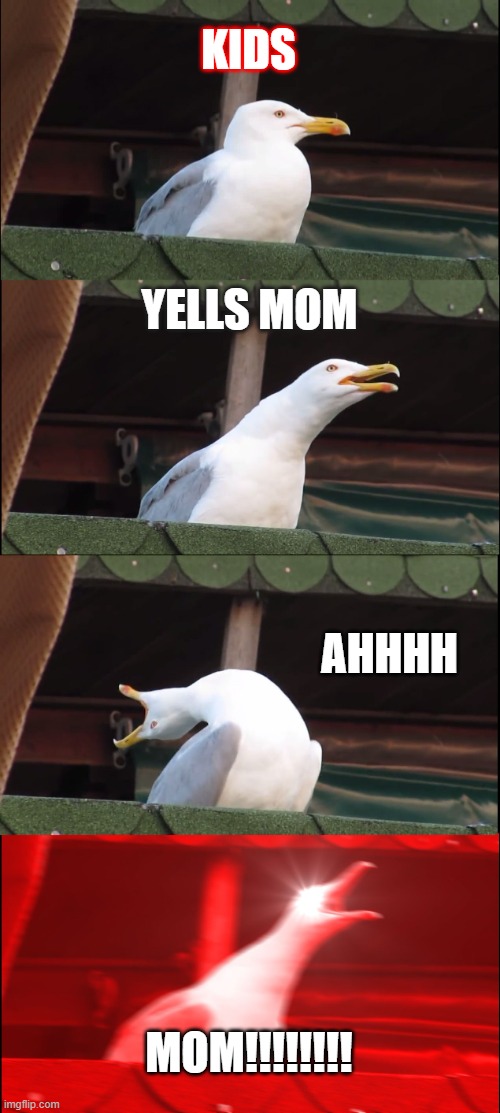 Inhaling Seagull Meme | KIDS; YELLS MOM; AHHHH; MOM!!!!!!!! | image tagged in memes,inhaling seagull | made w/ Imgflip meme maker