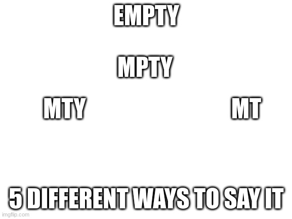 EMPTY | EMPTY; MPTY; MTY; MT; 5 DIFFERENT WAYS TO SAY IT | image tagged in blank white template | made w/ Imgflip meme maker