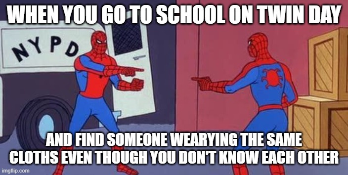 idk |  WHEN YOU GO TO SCHOOL ON TWIN DAY; AND FIND SOMEONE WEARYING THE SAME CLOTHS EVEN THOUGH YOU DON'T KNOW EACH OTHER | image tagged in spider man double | made w/ Imgflip meme maker