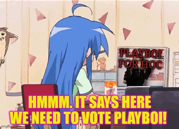 Better listen to the interwebz. It always knows best. | PLAYBOI FOR HOC; HMMM. IT SAYS HERE WE NEED TO VOTE PLAYBOI! | image tagged in vote,playboy,hoc | made w/ Imgflip meme maker