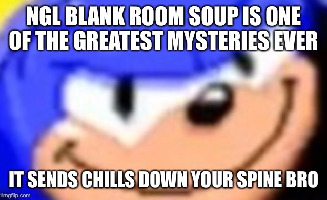 It got debunked tho | NGL BLANK ROOM SOUP IS ONE OF THE GREATEST MYSTERIES EVER; IT SENDS CHILLS DOWN YOUR SPINE BRO | image tagged in sonic smile | made w/ Imgflip meme maker