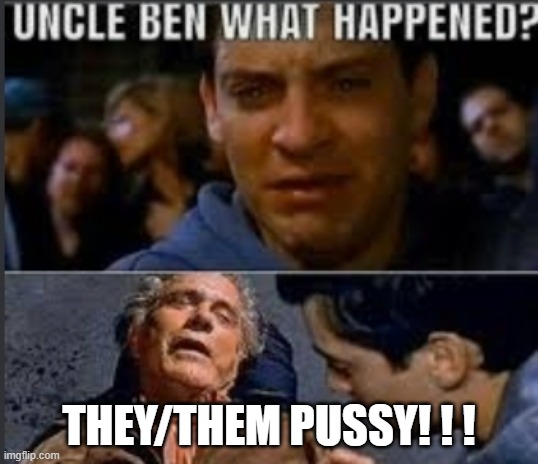 Uncle ben what happened | THEY/THEM PUSSY! ! ! | image tagged in uncle ben what happened | made w/ Imgflip meme maker